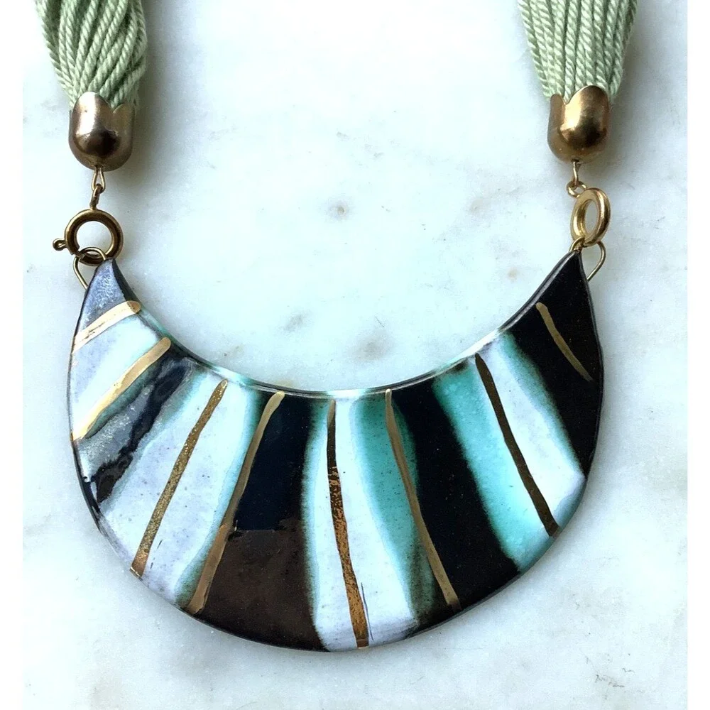 Vintage Ceramic Necklace Bib Statement Handmade in Austria Black Green Gold